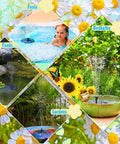 Collage showing Solar Water Fountain For Bird Bath And Pond, Upgraded 6 Nozzles System in pools, ponds, bird baths, and gardens.