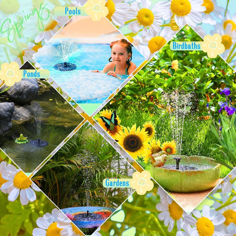 Collage showing Solar Water Fountain For Bird Bath And Pond, Upgraded 6 Nozzles System in pools, ponds, bird baths, and gardens.