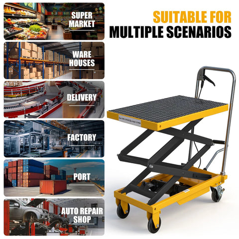 Hydraulic lift table cart by Amazon with four wheels, 330 lb capacity, 49.6 in lift, yellow/black, non-slip platform