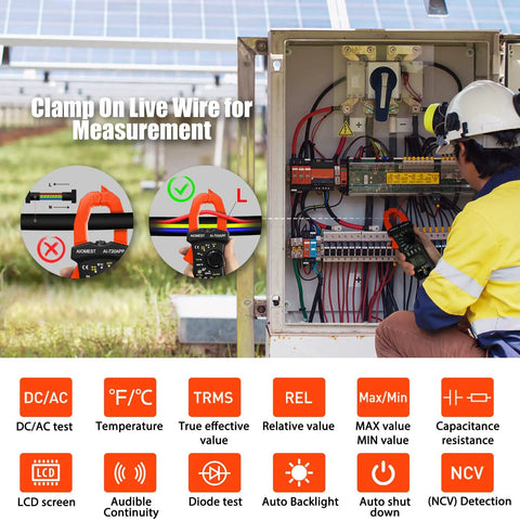 Bluetooth Digital Multimeter With Clamp On Meter 7200APP TRMS 6000 Counts used by technician on live wire measurement outdoors