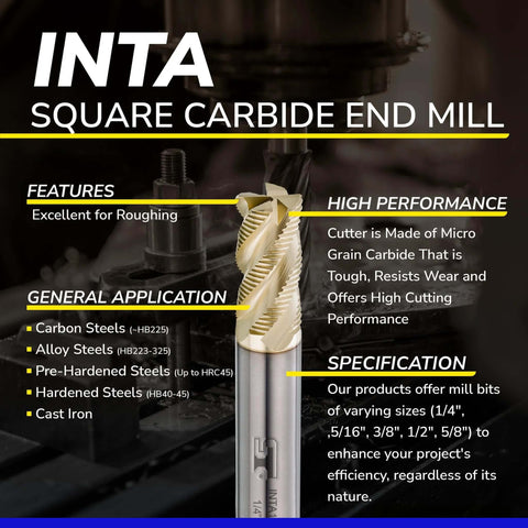 SPEED TIGER INTA carbide roughing end mill, 1/4 in shank, 4-flute, ZrN-coated for alloy and hardened steels.