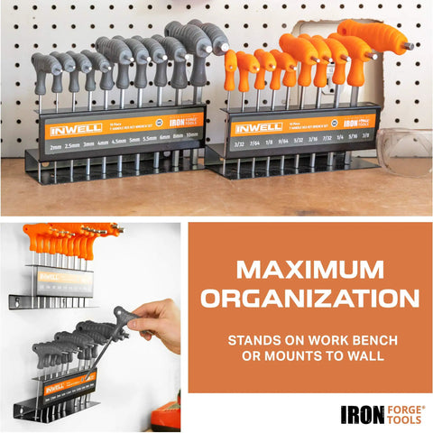 20 Piece T Handle Allen Wrench Set With Stand For SAE And Metric Hex Keys displayed on work bench and wall mount