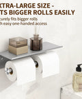 Heavy Duty Wall Mounted Double Toilet Paper Holder With Shelf In Brushed Nickel Stainless Steel Dual Roll Dispenser And Flushable Wipes Dispenser No Fuss Bathroom Storage Solution showcasing dual roll capacity and extra storage space.