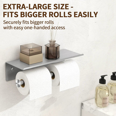 Heavy Duty Wall Mounted Double Toilet Paper Holder With Shelf In Brushed Nickel Stainless Steel Dual Roll Dispenser And Flushable Wipes Dispenser No Fuss Bathroom Storage Solution showcasing dual roll capacity and extra storage space.