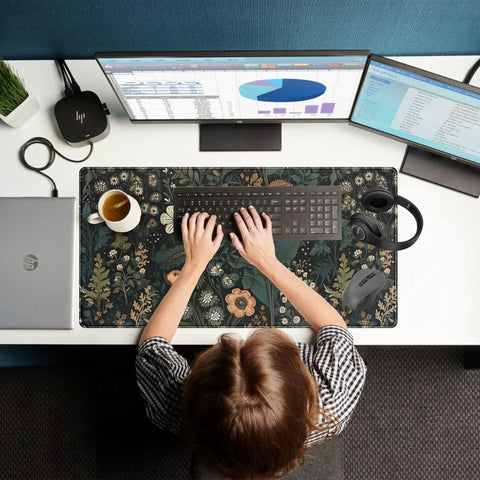 Floral Desk Mat With Wildflower Vibe For Gaming And Work, Large 31.5 By 15.75 Inch Desk Pad on office desk, top view.