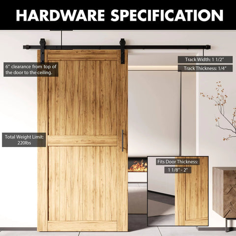 Rustic Black Sliding Barn Door Hardware Kit With 4 And A Half Foot Flat Track Non-Bypass Roller System Heavy-Duty Build For One Door Indoor Outdoor Use Classic Look Durable Nylon Wheels And Premium Powder Coat Finish For Long-Lasting Performance installed on wooden door