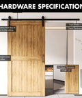 Front view of Black Rustic Sliding Barn Door Hardware Kit For One Door With 14ft Flat Track And Classic Roller System Installed