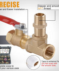 Side view of Ailbiuko 105-piece brass pipe fittings kit with red-handled ball valve and NPT adapters.