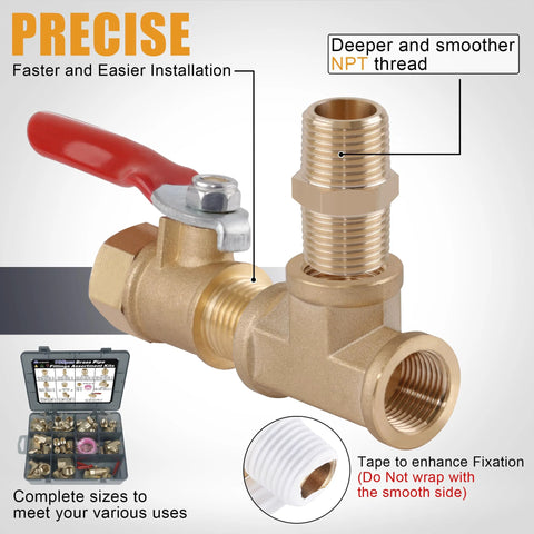 Side view of Ailbiuko 105-piece brass pipe fittings kit with red-handled ball valve and NPT adapters.