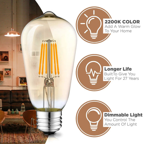 Vintage Edison Led Bulbs 4 Pack Dimmable 2200K Amber Glass ST58 E26 E27 Base 40W Equiv with features in cozy living room