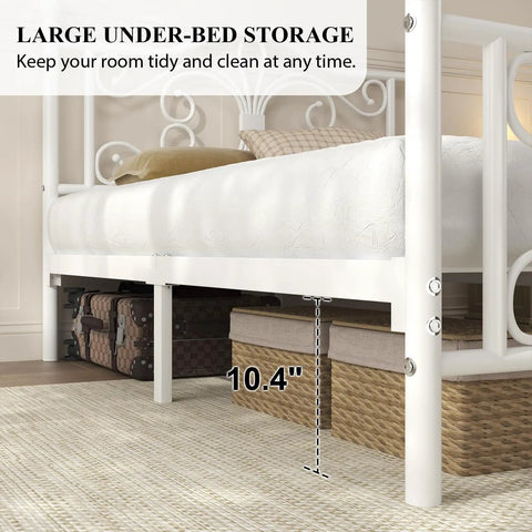 Full Size Metal Bed Frame Featuring Sculpted Butterfly Pattern Headboard In Shimmering White Polished Finish with under-bed storage space.