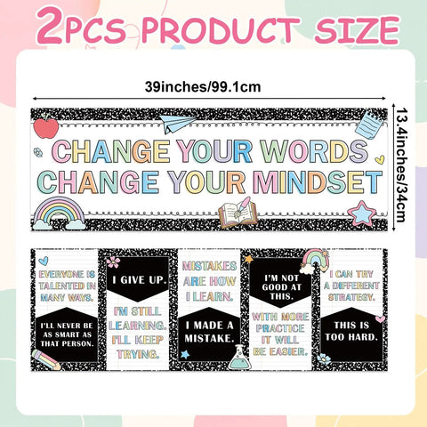 2 Pack Composition Notebook Banner Posters For Classroom Growth Mindset Decor with motivational quotes, 39x13.4 inches