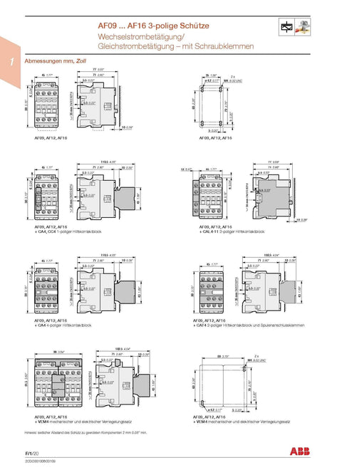 Technical diagram of AC coil contactor AF16-30-10-13 1SBL177001R1310 with dimensions and installation details.