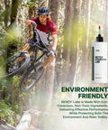 Cyclist on mountain bike with fork stanchion and shock lube bottle, ensures smooth suspension and all-weather performance.