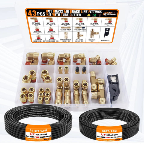 CheeMuii 43-pc brass DOT air fittings kit in plastic organizer with two hoses: 50ft 1/4 in and 32.8ft 3/8 in