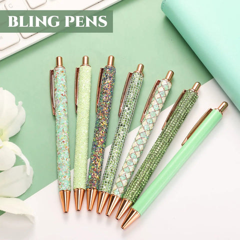 Seven Glitter Pens Set For Women with Ten Black Ink Refills Cute Sparkly Ballpoint Pens in Seven Designs on Table