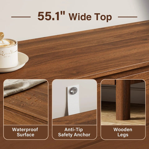 Top view of Totally Clutch Modern Dresser For Bedroom Featuring Spacious Walnut Drawers And Sleek Contemporary Design with 55.1" wide waterproof surface.