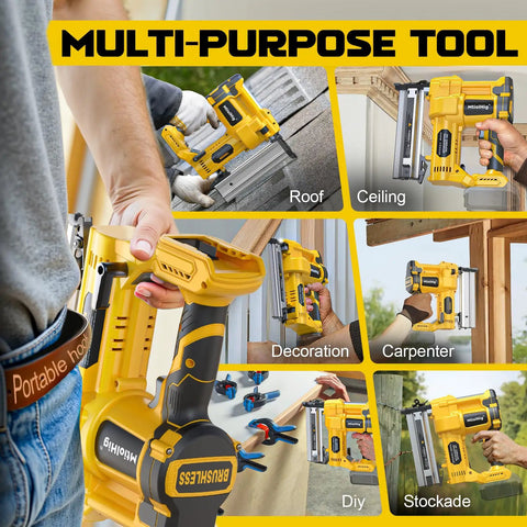 Heavy Duty Pro Grade Cordless 2 Inch Brad Nailer, Hella Sturdy 2 In 1 Electric Nail And Staple Gun used in carpentry projects.