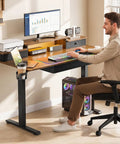 Gaming Stand Up Desk With Led Lights And Drawers Electric Lift Computer Table For Office Workstations featuring cable management rack in modern setup.