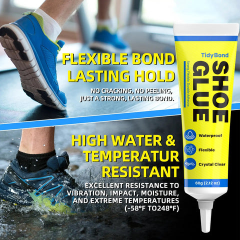 Tube of Ultra Strong Waterproof Shoe Repair Glue Clear Adhesive For Soles And Uppers beside shoes in wet conditions