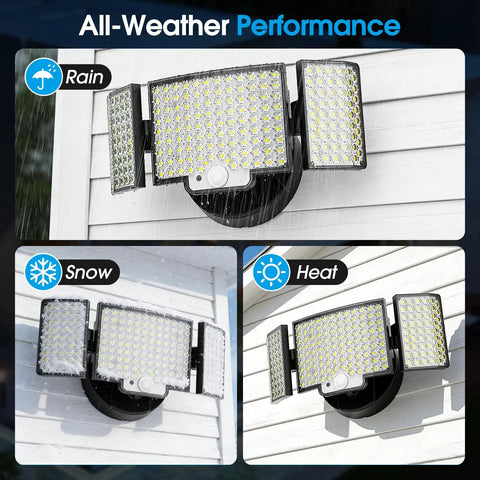 Extra Bright Solar Motion Sensor Flood Lights For Outdoors 318 LEDs 600LM 6500K IP67 Waterproof 270 Degree installed on wall