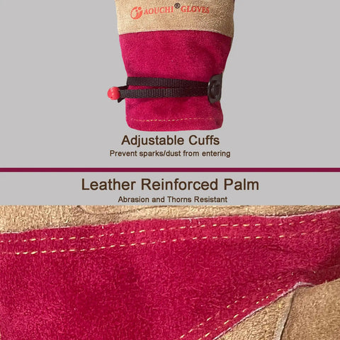Close-up of adjustable cuffs and reinforced palm on Leather Gardening Work Gloves For Women With Cowhide Leather And Double Stitched Seams Tough As Nails Heavy Duty Protective Gloves For TIG MIG Welding Construction Farm Concrete Work Landscaping And Woodworking