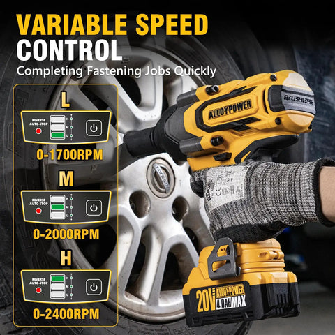 Heavy Duty Cordless Impact Wrench With Brushless Motor, 900 FT LBS Torque, One Half Inch Drive, 20 Volt Platform, Dual Four Ampere Batteries, Grease Monkey Approved For Rigs with variable speed control and battery gauge.