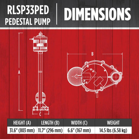 Diagram of Pedestal Sump Pump 115V 1/3 HP 3300 GPH Thermoplastic Homeowner Friendly, dimensions and weight details on red background