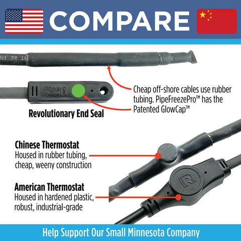 Comparison of Intelligent Heat Tape components, highlighting American vs Chinese thermostat build and patented GlowCap feature.