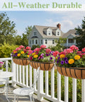 36 Inch Railing Planter Window Box For Deck And Balcony With Coco Liner And Metal Wall Mount Two Pack Outdoor Flower Troughs For Fence Porch Patio And Garden Easy Mount For Herbs And Flowers on a white railing