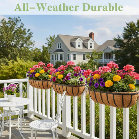 36 Inch Railing Planter Window Box For Deck And Balcony With Coco Liner And Metal Wall Mount Two Pack Outdoor Flower Troughs For Fence Porch Patio And Garden Easy Mount For Herbs And Flowers on a white railing