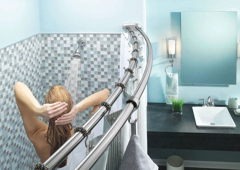 Chrome Shower Curtain Ring Set Pack Of 12 With Smooth Rolling Ball Bearings displayed on a curved shower rod in modern bathroom