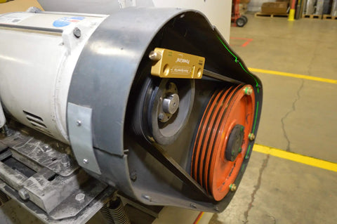 Top Shelf Magnetic Sheave Alignment Laser Tool With Killer Rare Earth Magnet Grip Straight Up Green Beam, showing alignment on machinery.