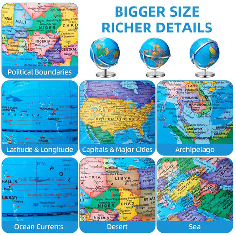 13 Inch Globe With Stainless Steel Stand 720 Degree Rotation Waterproof HD Text Classroom Workhorse Globe map details