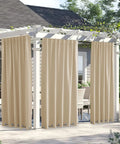 Two Panels Outdoor Patio Curtains Waterproof And Windproof Thermal Insulated Top And Bottom Grommets Back Tab Light Blocking With Bonus Rope Biscotti Beige 66 By 84 Inches installed on pergola