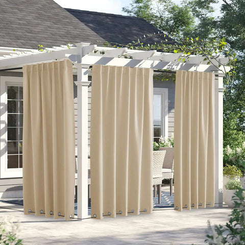 Two Panels Outdoor Patio Curtains Waterproof And Windproof Thermal Insulated Top And Bottom Grommets Back Tab Light Blocking With Bonus Rope Biscotti Beige 66 By 84 Inches installed on pergola