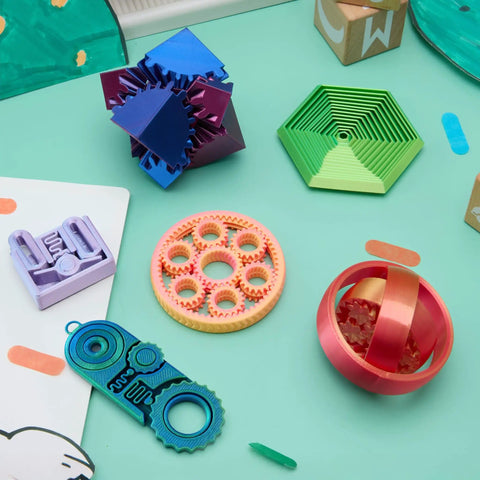 Six Pack 3D Printed Fidget Gear Set With Spin Fractal Gears And Click Mechanisms, Metallic Finish, Great For ADHD And Autism Relief, Kids And Adults, Desk Decor And Party Favors