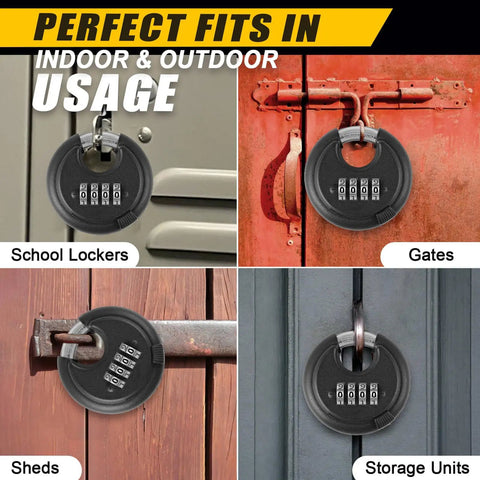 Rugged Outdoor Combination Disc Padlock With Four Digit Code Heavy Duty Weatherproof Rustproof Lock For Storage Units Gates Fences And Trailers Black Three Eighth Inch Shackle