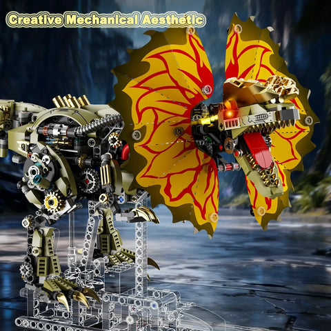 Totally Mechanical Dino Building Kit With LED Light And Movable Gears Display Stand 1277 Pieces For Teens And Adults Cyberpunk Biomechanical Dilophosaurus Model, side view