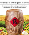 Solid Ceramic Rice Bucket Jar With Lid, Airtight Food Storage Crock For Grains Snacks Coffee Beans Dispenser, Gotta Have Kitchen Flex That Seals Up Freshness Tight All Day Long on a colorful grain background.