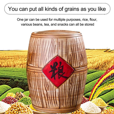 Solid Ceramic Rice Bucket Jar With Lid, Airtight Food Storage Crock For Grains Snacks Coffee Beans Dispenser, Gotta Have Kitchen Flex That Seals Up Freshness Tight All Day Long on a colorful grain background.