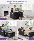 Leather Convertible Sleeper Chair Bed For Adults in black; shown as single armchair, chaise lounge, and folding bed
