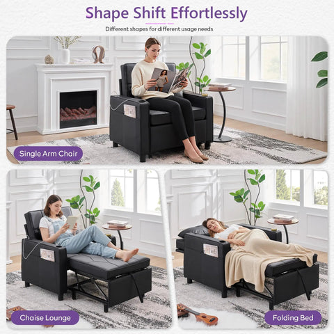 Leather Convertible Sleeper Chair Bed For Adults in black; shown as single armchair, chaise lounge, and folding bed