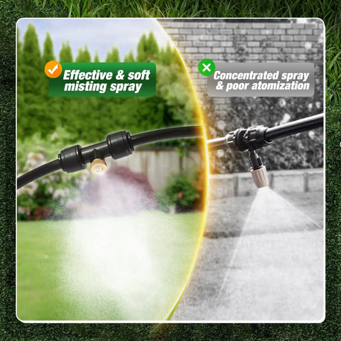 Outdoor Patio Garden Misting System With 50 Ft Line And 17 Nozzles showing effective misting against concentrated spray