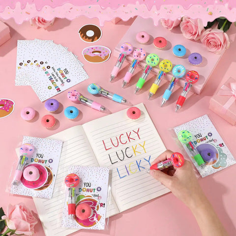 Must Have 36 Donut Shaped Gel Pens Set For Back To School Gifts, shown with erasers, theme cards, and stickers on pink background.