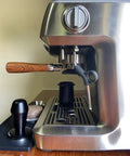 58Mm Bottomless Portafilter With Wooden Handle Compatible With Breville Espresso Machines BES900XL BES920XL BES980XL BES990BSS on espresso machine.