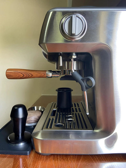 58Mm Bottomless Portafilter With Wooden Handle Compatible With Breville Espresso Machines BES900XL BES920XL BES980XL BES990BSS on espresso machine.