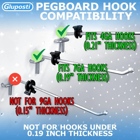 Gluposti pegboard compatibility chart showing fits for 4GA, 7GA hooks; not compatible with 9GA hooks for Black Squeeze And Pinch Pegboard Clips For One Quarter Inch Pegboard And One Quarter Inch Slat Wall Hooks Pro Grade Lockdown Clips For Inventory Control That Secure Retail Hooks On Pegboard And Slat Wall Panels 100 Pack.