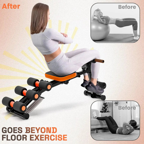 Woman using Ab Workout Bench For Home Gym Adjustable Sit Up Chair for incline exercises, showcasing full body workout potential.