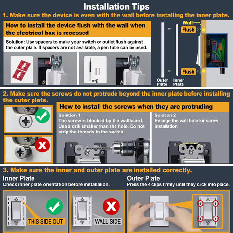 Installation guide for Three Gang Screwless Wall Plate Cover showing step-by-step instructions and diagrams for seamless edge design